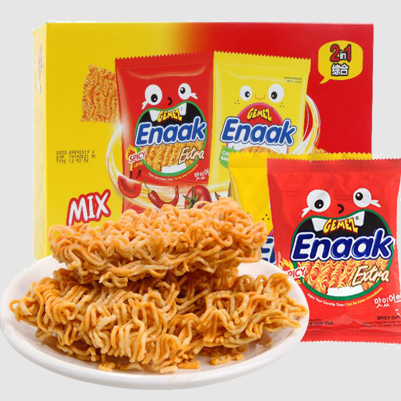 印尼进口（GEMEZ Enaak）小鸡干脆面2合1综合礼盒整箱装696g（烧烤鸡肉味30g*12袋+香辣味28g*12袋）