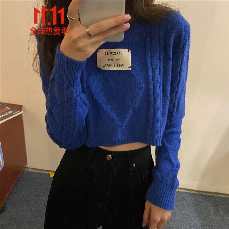 麻花加厚圆领百搭套头慵懒毛衣女秋冬季长袖针织衫打底衫短款 深蓝色