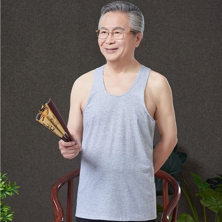 酷章中老年人棉男季宽松无袖老头衫透气汗衫老人爸爸装 灰色 110码