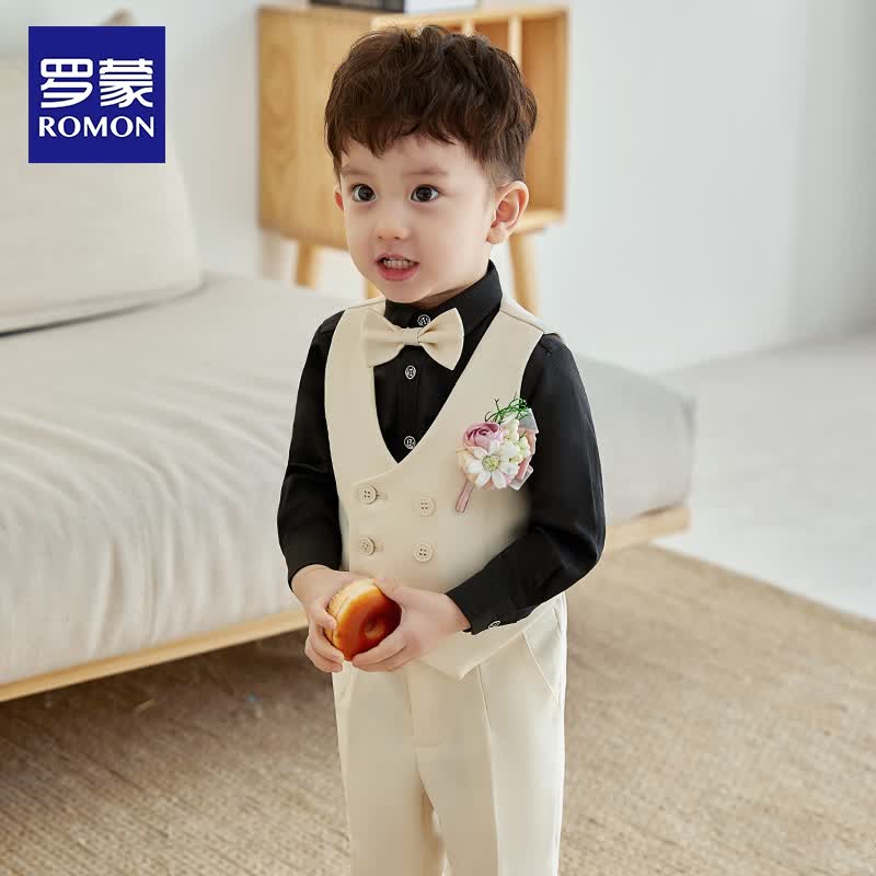 罗蒙男童礼服套装儿童马甲周岁礼服男宝宝生日花童小西服韩版演出服装 马甲套装：马甲+衬衫+裤子+领结 90cm怎么看?