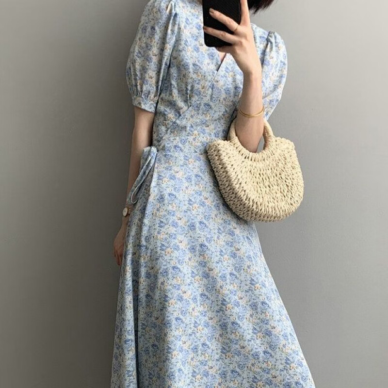 索宛亦(suowanyi)一片式碎花茶歇裙夏v领泡泡袖裹身连衣裙法式收腰桔
