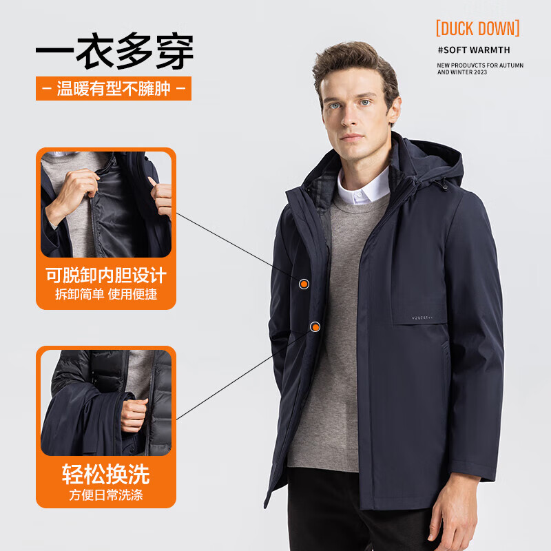SHANSHAN杉杉鹅绒羽绒服男中长款男士一衣五穿可拆卸连帽内胆保暖御寒外套 藏青色 XL /180【建议130-145斤】