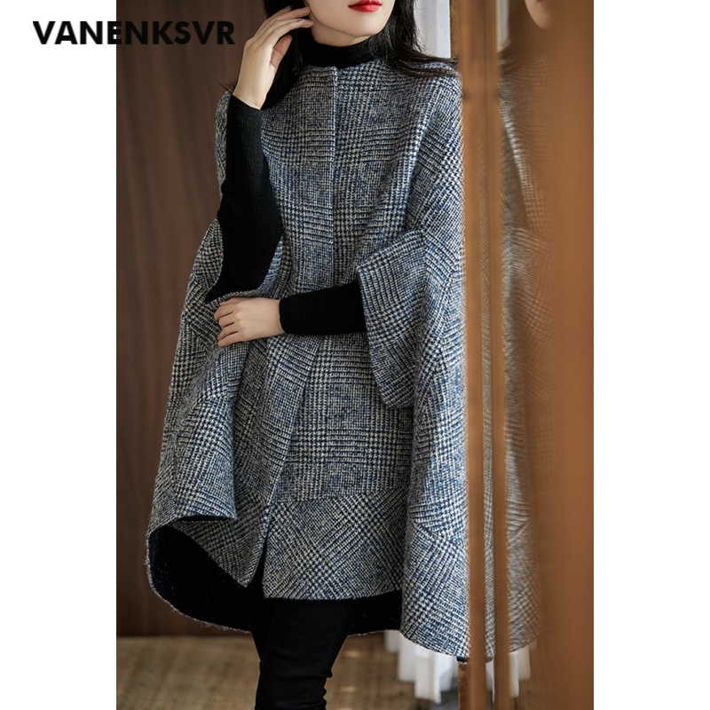 梵恩萨（VANENKSVR）轻奢品牌女士斗篷外套 意式风情 复古华美 重工格纹羊毛呢大衣女 蓝色 S.