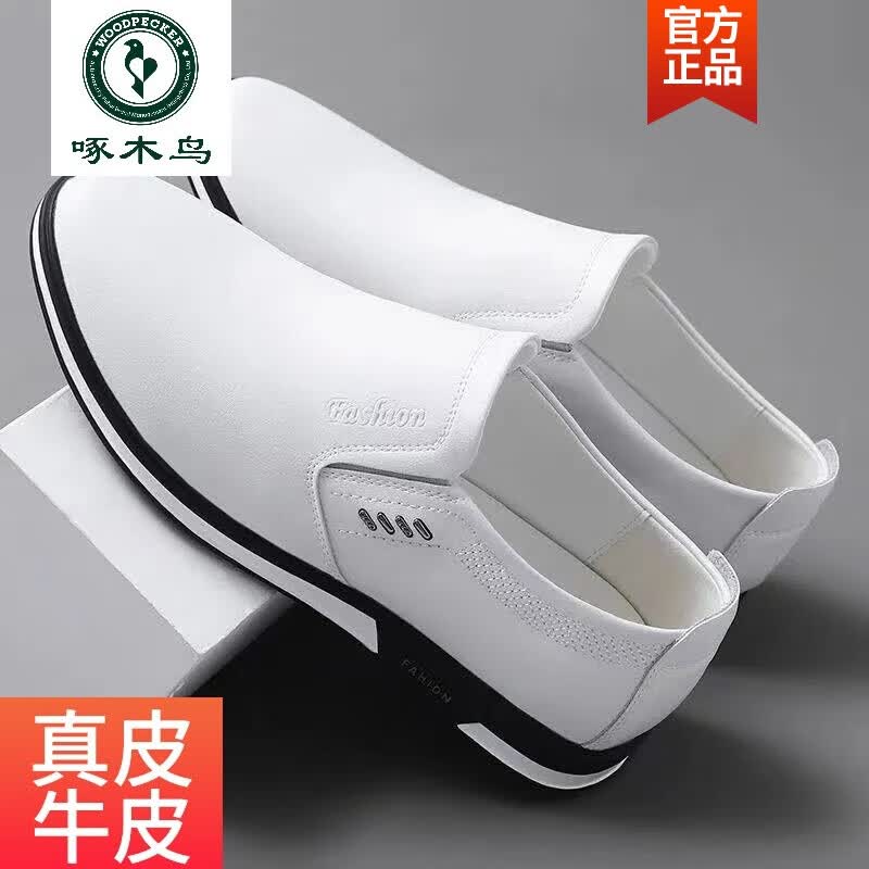 啄木鸟2026春秋新款男士日常休闲潮流皮鞋真皮透气软皮软底白色套脚单鞋 白色 40