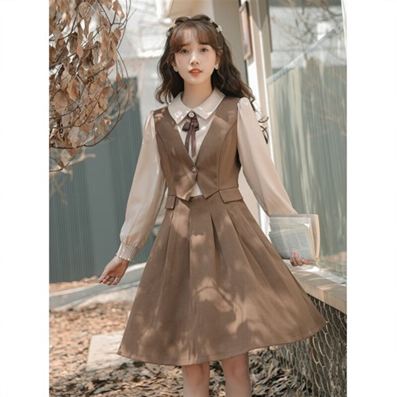 町鸾(tingluan)大学生演讲比赛服装女学院风连衣裙高中穿搭裙 咖啡色