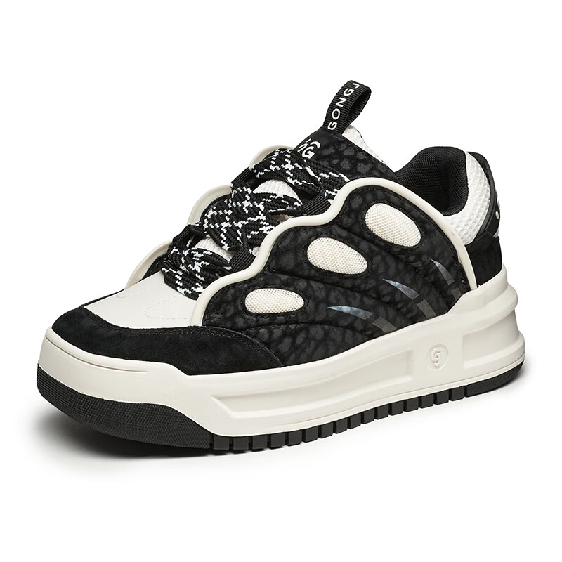 共迹gongji 2025秋季新款福蝶面包鞋方头板鞋厚底增高运动鞋轻便休闲鞋女鞋 黑色-夜迷蛱蝶 35 (225mm)