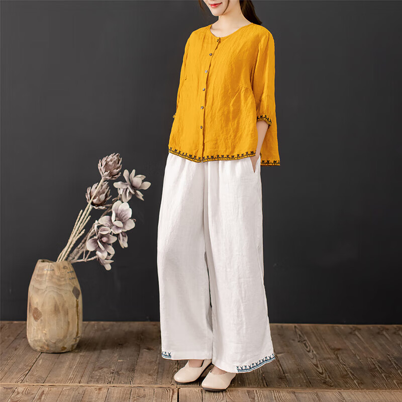 mdug素订棉麻女装素素 2023棉麻套装民族风夏季刺绣文艺复古休闲女上
