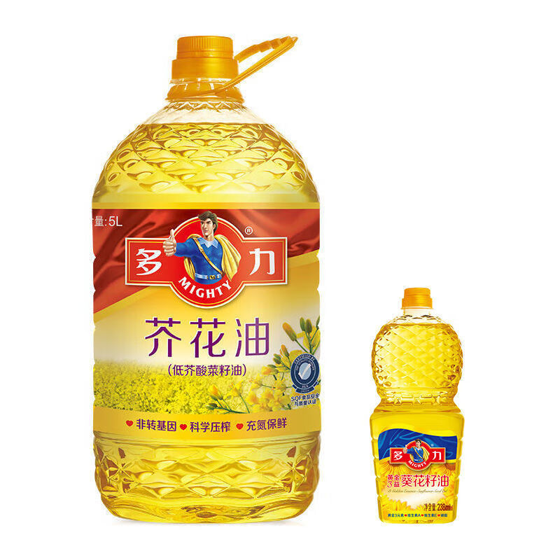 多力低芥酸菜籽油芥花油5L和黃金三益葵花籽油238ml物理壓榨芥花油5 8ml組合