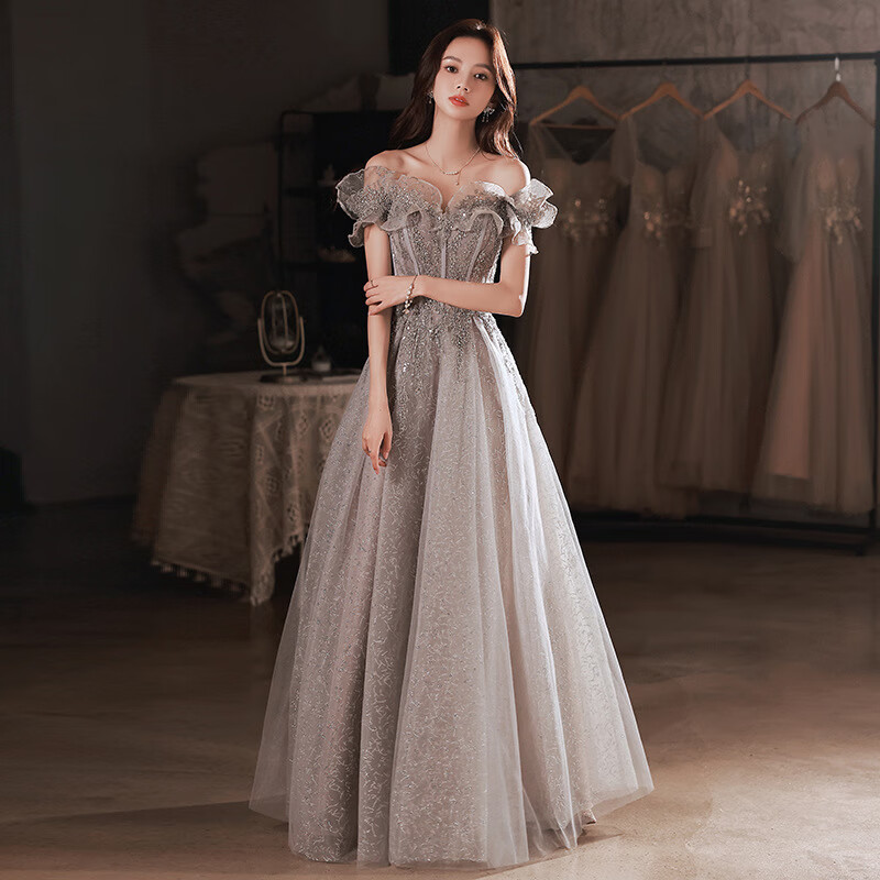 空眸艺考礼服女声乐一字肩年会主持人宴会成人生日优雅气质修身晚礼服