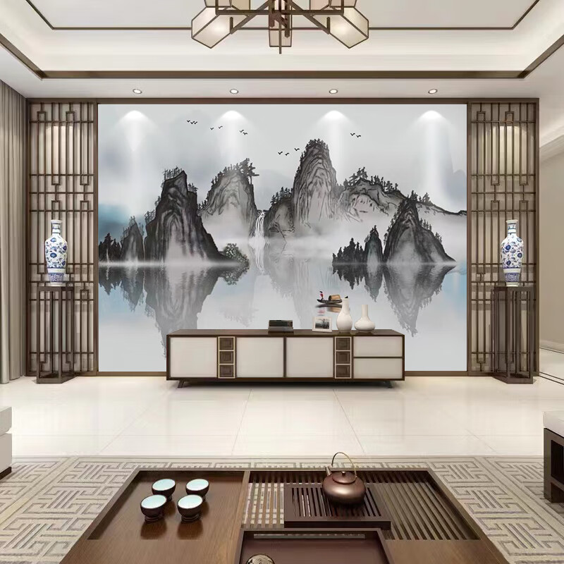 江南水乡山水风景客厅 新中式18d山水风景电视背景墙布8d江南水乡 pvc
