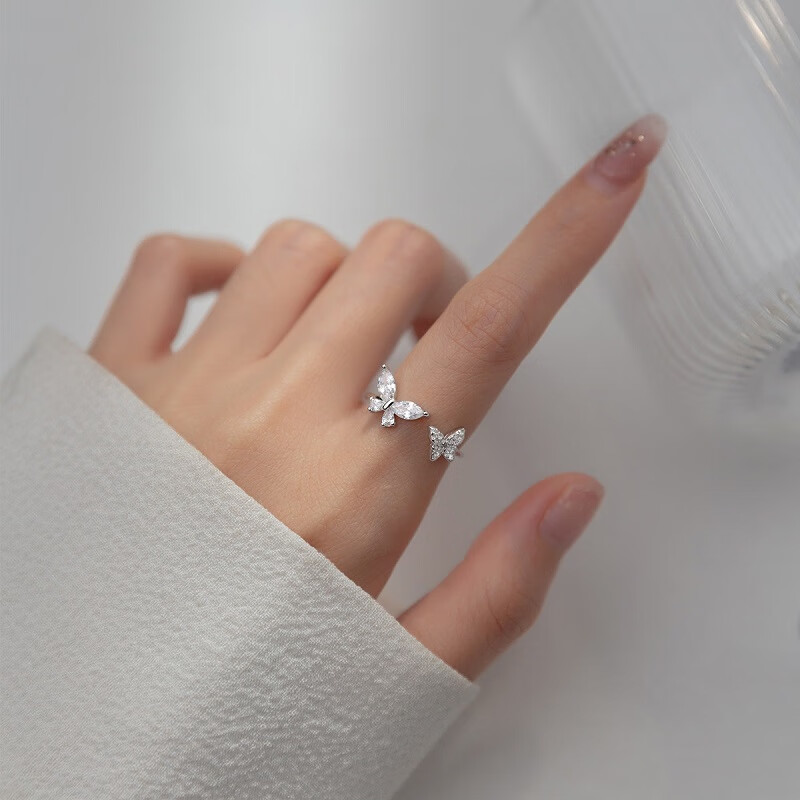 苏十六925银满钻蝴蝶开口戒指女生个性时尚食指戒子指环生日礼物送女友 蝴蝶戒指（开口款）