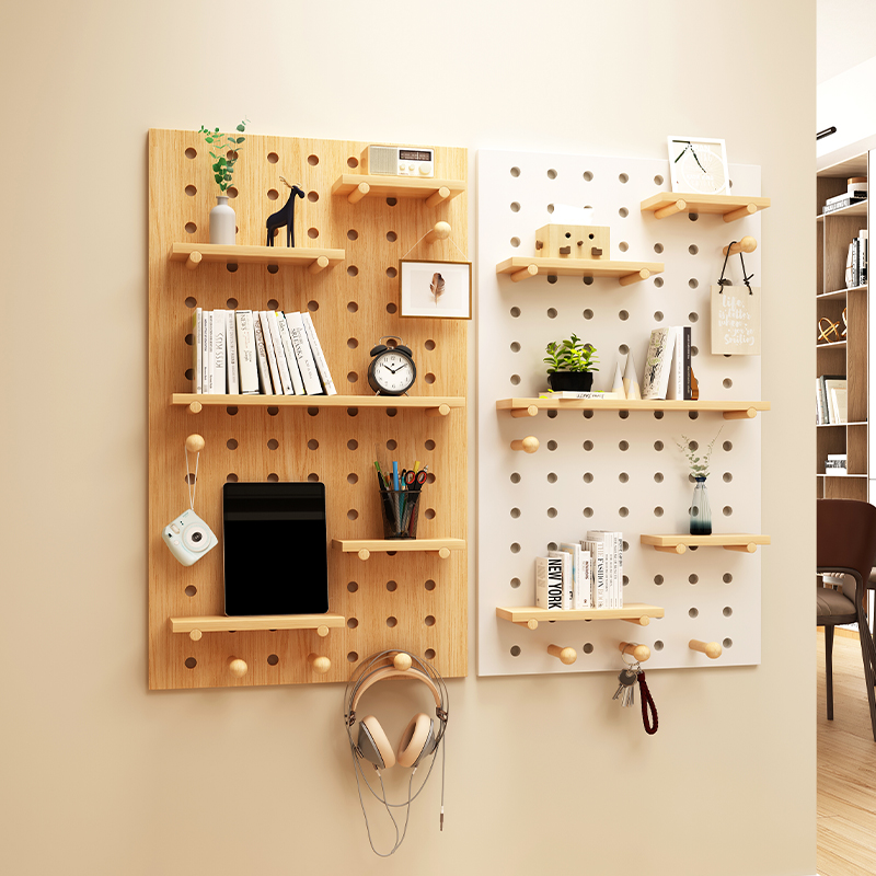 洞洞板置物架墙上实木板diy墙面展示架木质隔板收纳墙壁书架挂墙 木纹