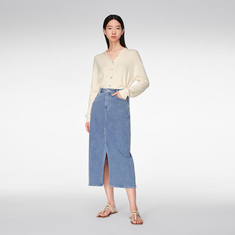 OVV2024春夏新款女装意大利进口面料简约A字开衩牛仔半身裙 蓝灰(净色)24 M