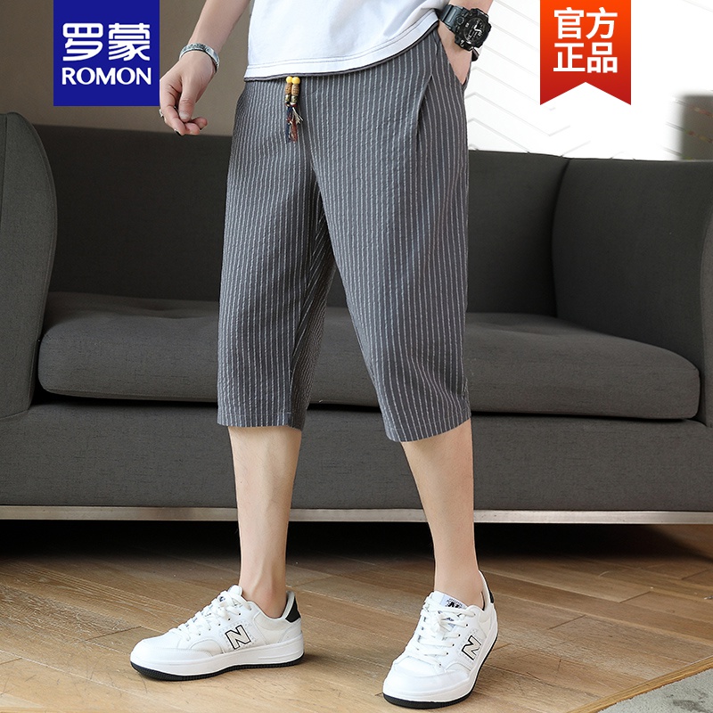 罗蒙ROMON品牌高端白色条纹7分短裤男士夏季ins潮流棉麻中裤薄款透气百搭休闲七分裤新品 白色 M