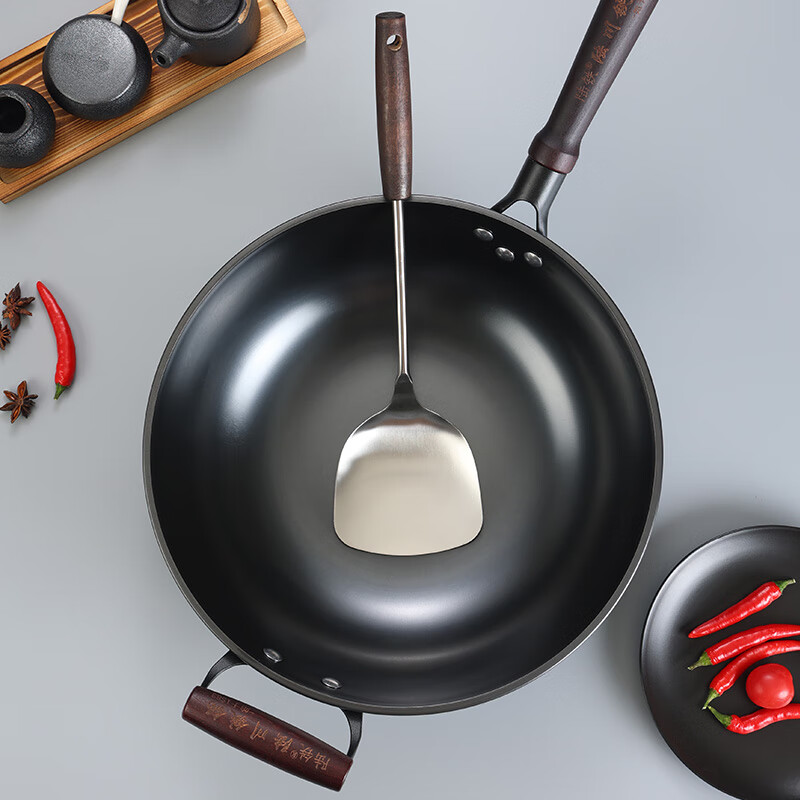 陆铁陆川铁锅手柄款加深平底炒锅无涂层不粘炒菜生铁铸铁锅电磁炉燃气 平底有耳款 34cm （带盖铲）已开锅