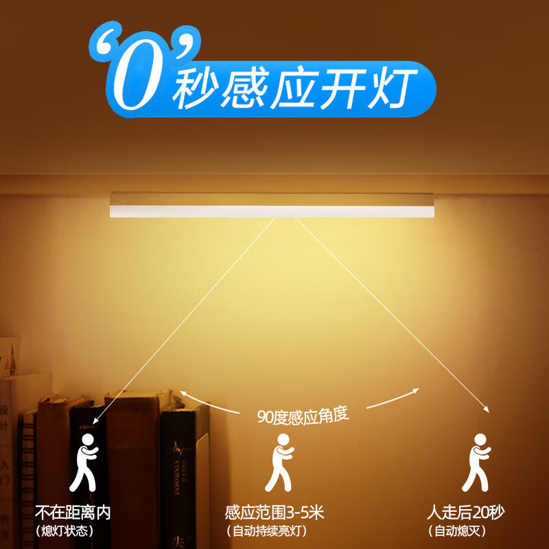 人体感应灯条LED灯带充电无布线磁吸自粘楼道衣柜光控橱柜床头灯 【发两个】50cm感应白光 长条LED灯