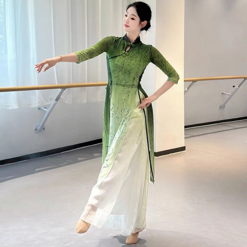 南啵丸古典舞旗袍舞蹈服女飘逸水墨渐变纱衣练功服中国舞弹力国风演出服 苍墨绿套装 M