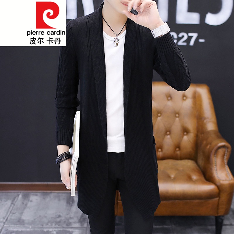 皮爾卡丹秋裝新款男裝男士毛衣線衣針織開衫男潮修身中長(zhǎng)款披風(fēng)針織外套 9309黑色 L 170