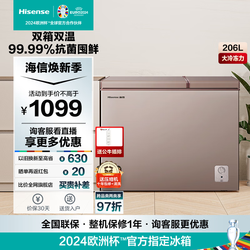 海信（Hisense） 206升一级家用双温冰柜 养鲜净化冷冻冷藏保鲜柜节能商用冷柜双开冰箱 大冷柜