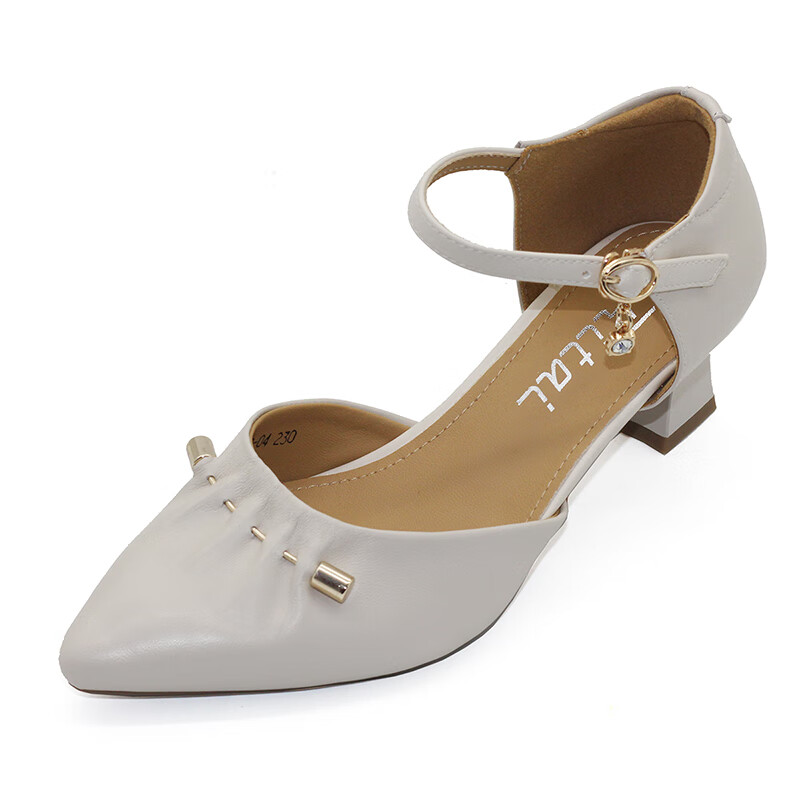 日泰包头凉鞋女高跟鞋2024新款夏季真皮尖头单鞋一字扣带粗跟女鞋 米