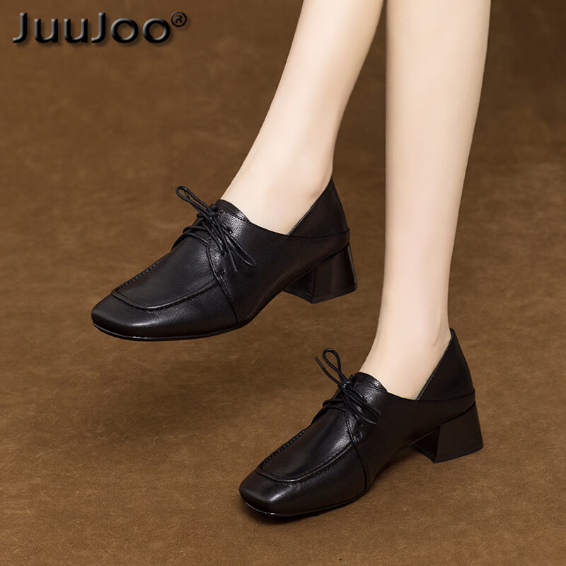 juujoo品牌2024春季新款女鞋子软皮羊皮粗跟深口单鞋女中跟系带小皮鞋