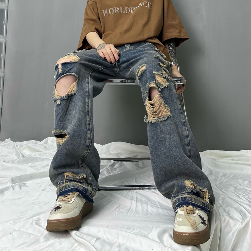 age)jem美式街头设计感乞丐破洞牛仔裤ins潮牌欧美hiphop高街裤子潮