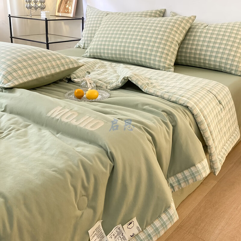 启思（QISI）夏季a类水洗棉纯棉夏凉被套床上四件套100全棉简约床品床单4件套 抹茶绿 1.8m床单四件套适合1.8×2.2m被芯