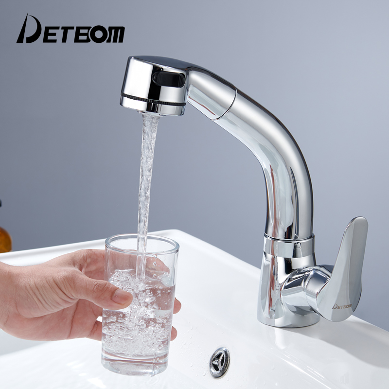 德国Detbom全铜主体面盆水龙头冷热浴室洗手盆洗脸盆水龙头卫生间抽拉式水龙头 铬色单孔升降