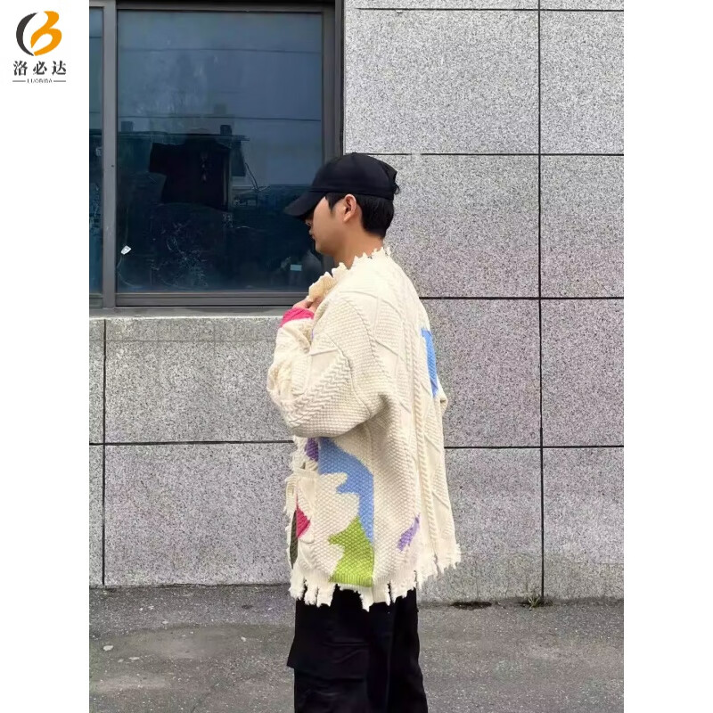 洛必達(dá)復(fù)古設(shè)計(jì)感破洞涂鴉情侶毛衣外套男女秋冬新款寬松慵懶針織開(kāi)衫 杏色 M
