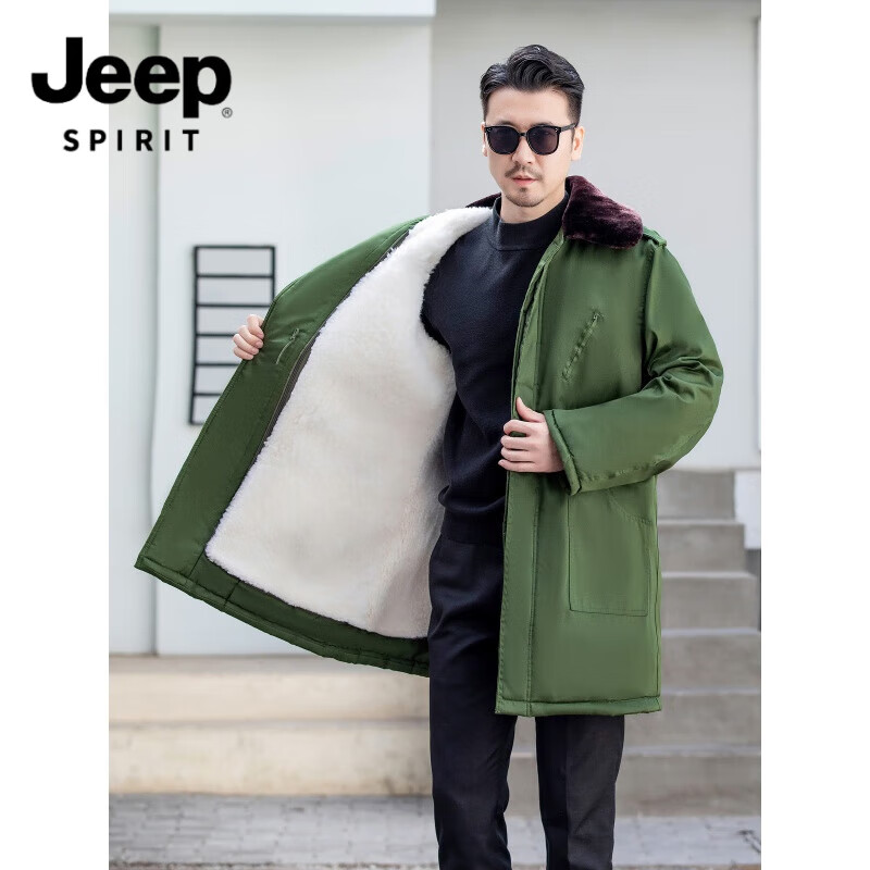 吉普(jeep)羊皮军棉大衣中长款皮毛一体羊皮大衣男防寒加厚加绒东北特