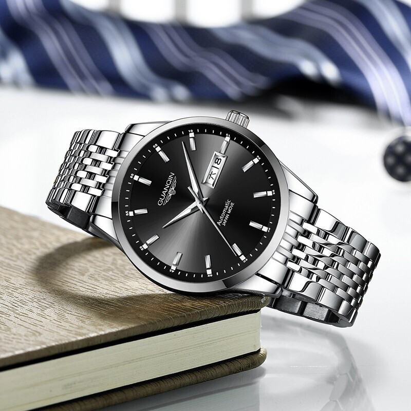 冠琴(GUANQIN)名表十大品牌手表男士商务全自动机械表男表夜光防水双日历男士表 进口西鉄城机芯16215精钢黑面