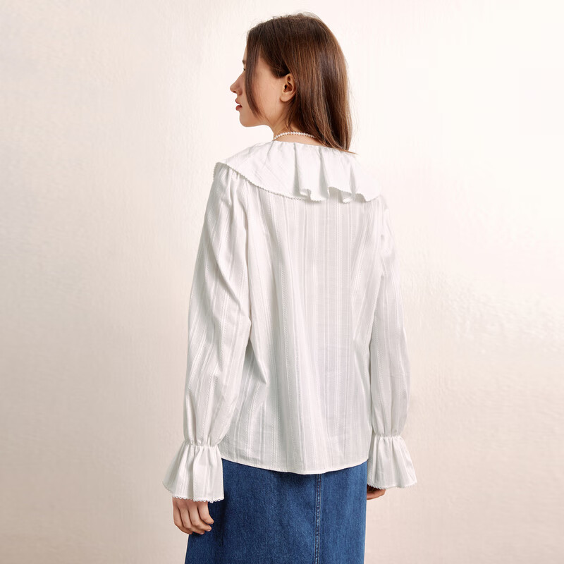 乐町大荷叶边上衣新款秋季长袖甜美浪漫女士百搭超仙衬衫 白色（现货） S