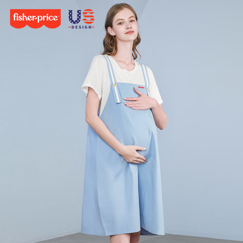 费雪（Fisher-Price）美国费雪孕妇夏装新款时尚宽松纯棉背带裙假两件连衣裙夏季孕妇裙 冰蓝色连衣裙 M