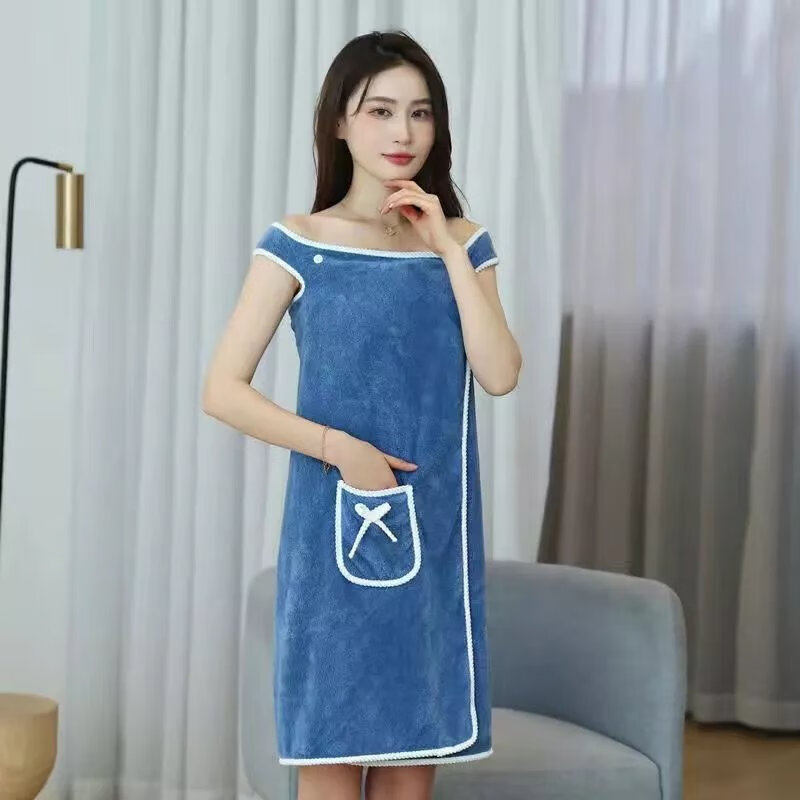 【现发】可穿浴巾女吊带浴袍浴裙加厚穿戴式浴巾背心式浴巾浴巾大 蓝灰色【口袋款】 大码【130-160斤可穿】