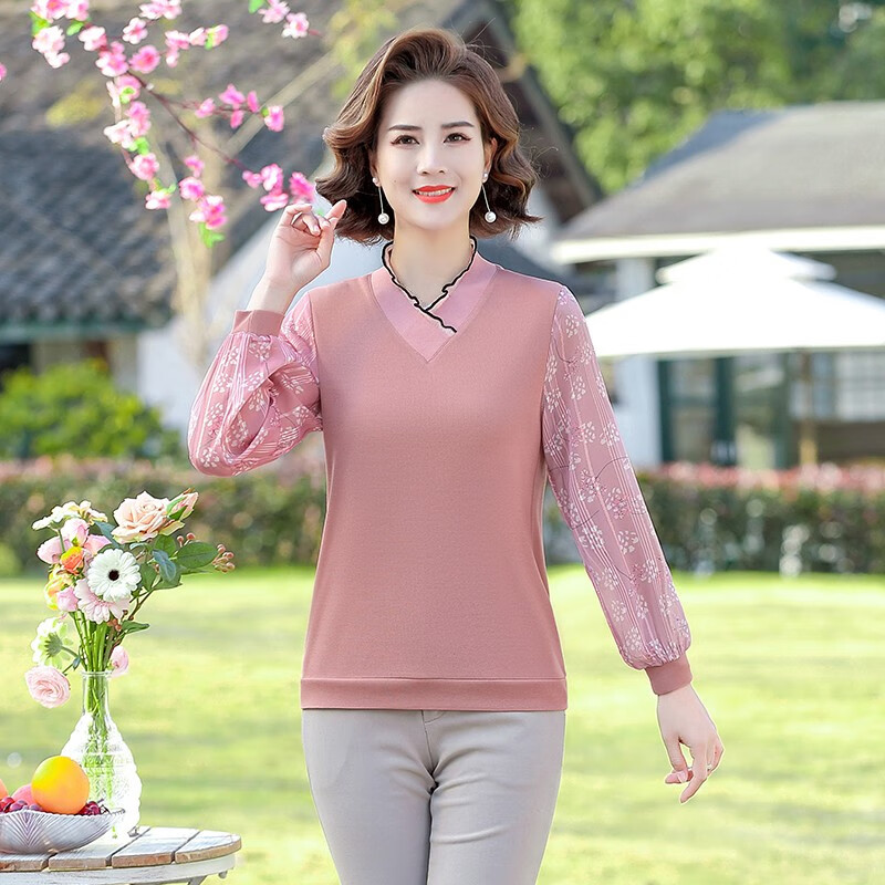 孜颜妈妈装春装长袖t恤女中老年女装春夏女士上衣洋气打底小衫40-50岁