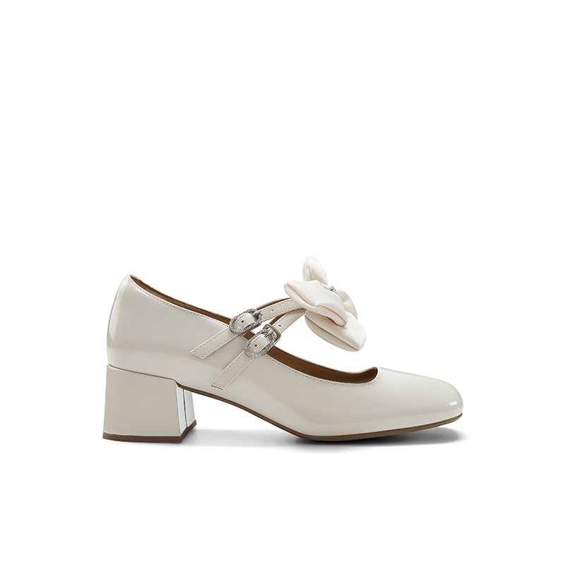 vme/舞魅新款一脚蹬气质黑色百搭蝴蝶结粗跟玛丽珍鞋女鞋 米白 34
