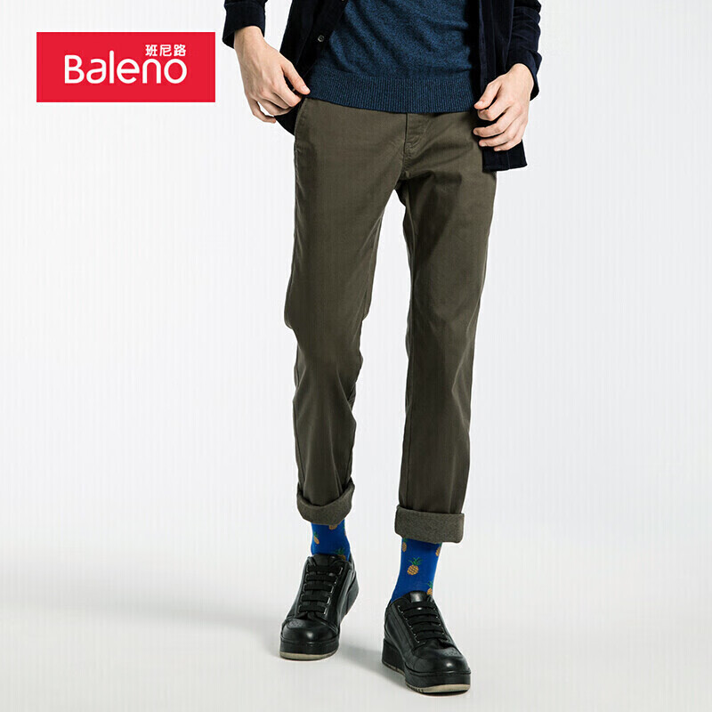 班尼路（Baleno）休闲裤男 修身抓毛加绒直筒黑色弹力长裤 09G 墨绿色 31码