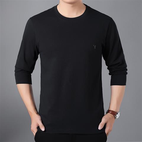 万派摩春秋装中老年人园领t恤男士长袖汗衫纯色打底衫老头 黑色长圆 m