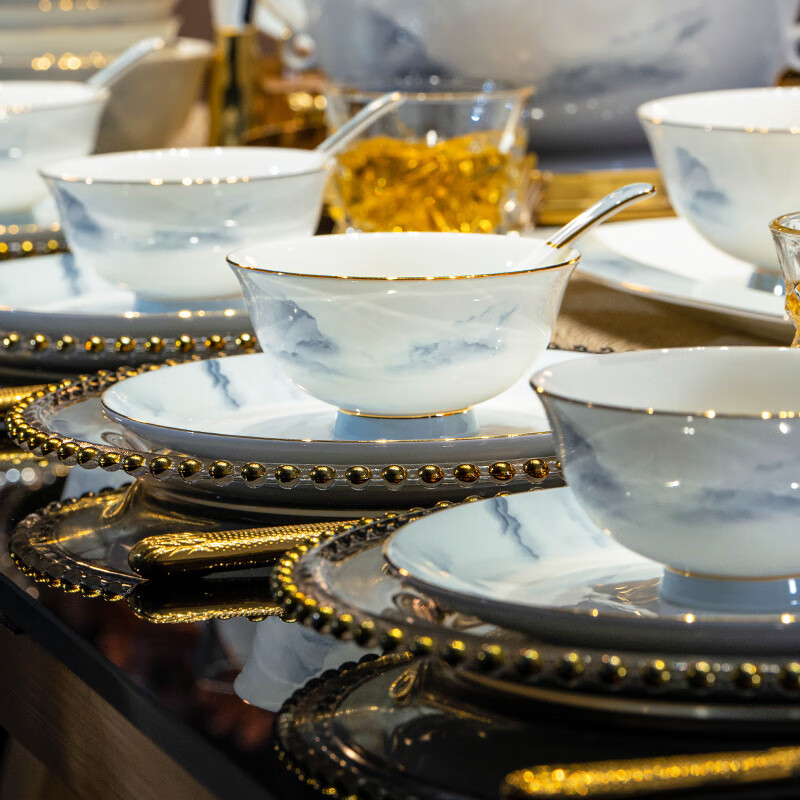 洛威碗碟套装家用现代中式意境碗盘组合高档乔迁陶瓷餐具70头千里江山