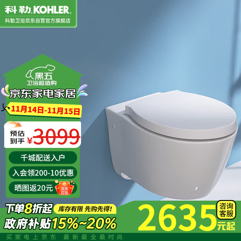 科勒（KOHLER）家用壁挂式马桶挂墙坐便器水箱嵌入式墙排直冲悬挂式马桶 K-25255