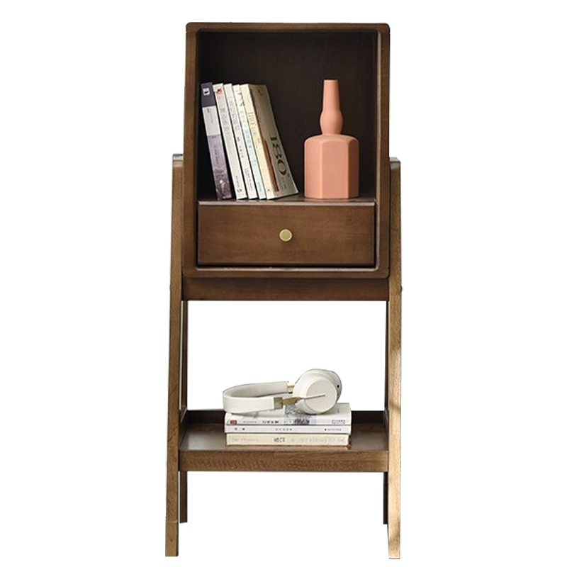 爱必居 床头柜北欧实木储物落地多层创意柜简约家用客厅 橡胶木二层置物架带抽屉小号 胡桃色