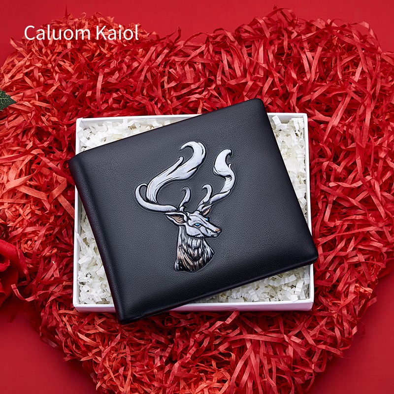 凯文瑞鲁(caluomkaiol)真皮钱包男短款个性设计一鹿相伴男士钱包青年