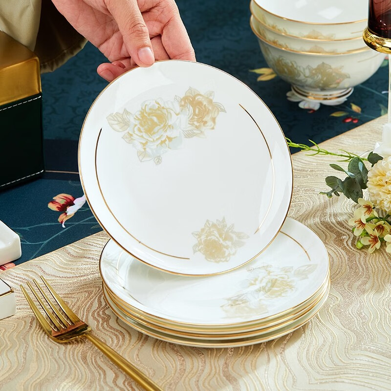 墨驰中欧式碗碟套装简约轻奢骨瓷餐具方形碗盘子组合家用结婚乔迁送礼 手工镶金方形水润60件