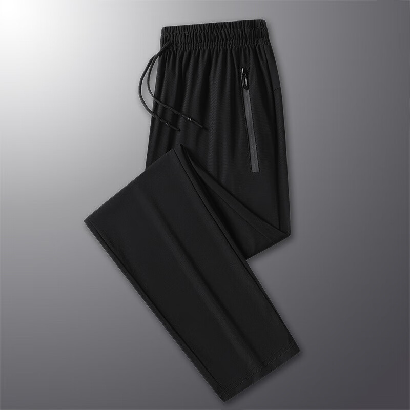 裤子男夏季轻薄透气弹力速干休闲裤男士简约潮流大码宽松冰 黑色直筒