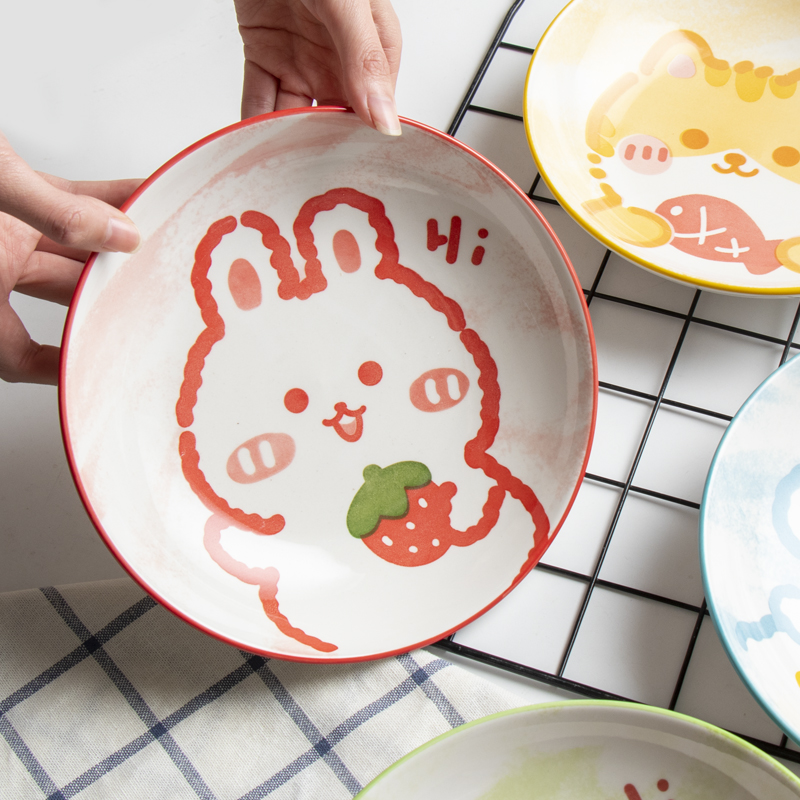 陶瓷卡通盘子创意日式早餐盘菜盘圆盘家用可爱圆形饭盘盘套装网红