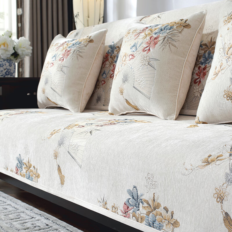 索菲娜 新中式沙發(fā)墊四季沙發(fā)坐墊巾防滑實(shí)木沙發(fā)墊布直排沙發(fā)墊子 ms折扇-米色 寬70*長70cm一片