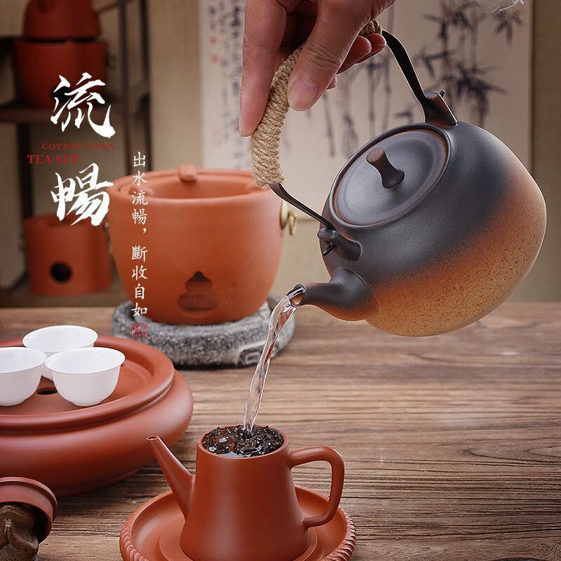 棉小城红泥碳电两用炉户外煮水炭炉木炭风炉围炉煮茶烧水壶温茶器泡茶壶 单壶【800ml富贵提梁壶】