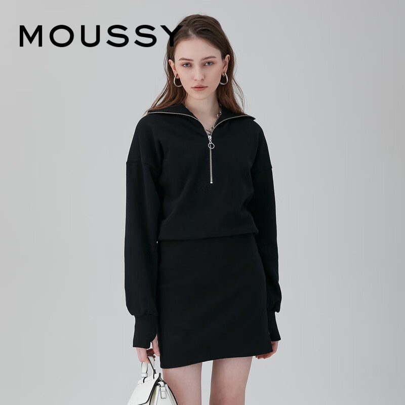 moussy 秋季女装新款拉链半开领松紧腰针织连衣裙女010GSK80-0910 020黑色 00001/S