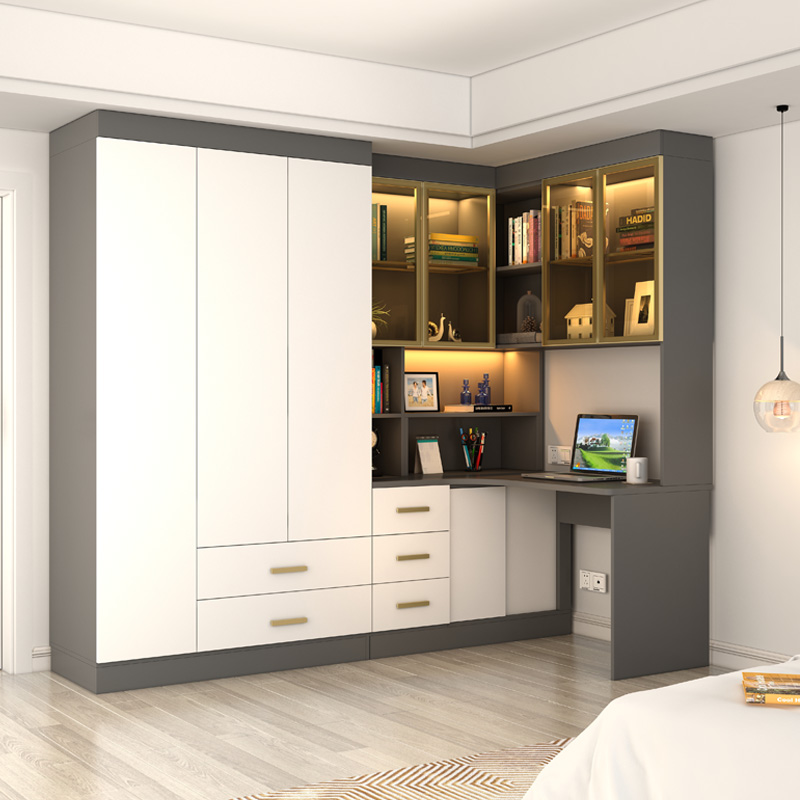 衣柜书桌一体现代简约转角书柜电脑桌书桌连体组合衣柜书架学习桌一体