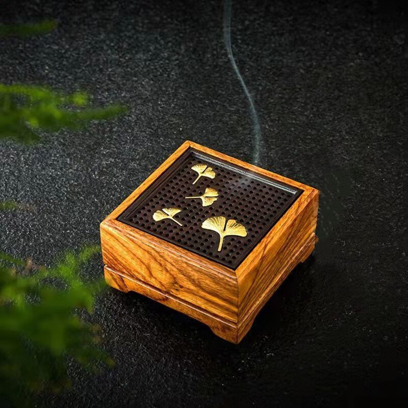 小匠工香炉檀木线香盒盘香盒卧香盒香桶沉香炉室内木制檀香炉香薰炉 银杏叶香盒四件套